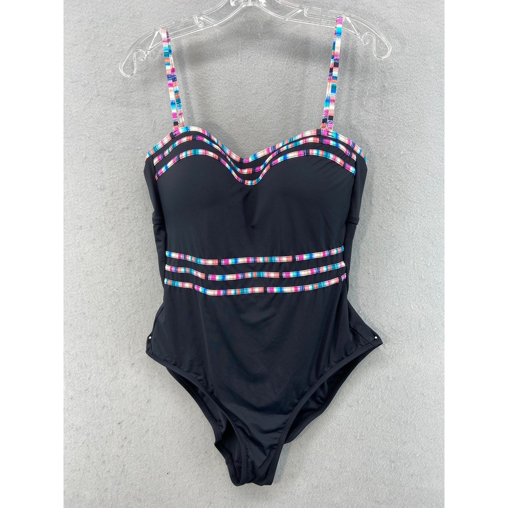 NWT La Blanca One Piece Swimsuit Womens 14 Black Tummy Control Striped LB2LD13